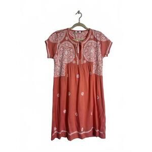Dolma Coral Short Sleeve Embroidered Cotton Dress Size S Knee Length
